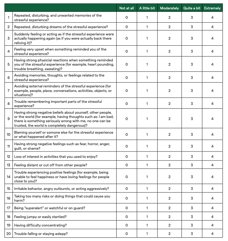 The PCL-5 assessment with all 20 questions and scoring chart.